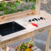 Outsunny Garden Potting Bench Table, Wooden Work Station, Outdoor Planting Workbench with 2 Wheels, Sink, Drawer & Large Storage Spaces, 92x45x119cm(m-7)