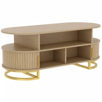 HOMCOM Mesa de Centro Oval, Mesa de Sala Moderna com Portas Tambor Deslizantes, Armazenamento Fechado, Prateleiras Abertas, Carvalho(m-6)