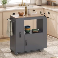 HOMCOM Kitchen Trolley on Wheels, Rolling Kitchen Island Cart with Power Outlet, Cabinet, Pull-Out Drawer, Grey(m-14)