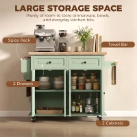 HOMCOM Rolling Kitchen Island Storage Trolley with Rubber Wood Top & Drawers for Dining Room, Light Green(m-6)