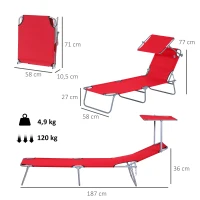 Outsunny Espreguiçadeira de Jardim Dobrável com Toldo Removível e Ajustável  e Encosto Ajustável 187x58x36 cm Vermelho(m-3)