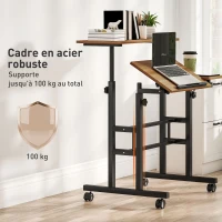 HOMCOM Bureau assis debout bureau réglable en hauteur 70 x 60 cm à roulettes avec plateau inclinable cadre en métal marron(m-9)