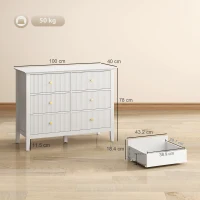 HOMCOM Fluted Dresser, 6 Drawer Chest of Drawers for Bedroom, Living Room, Hallway, Closet, White(m-3)