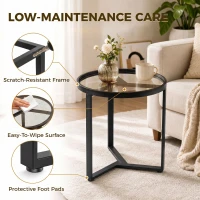 HOMCOM Round Side Table with Tempered Glass Top and Geometric Metal Frame for Small Space, Black(m-7)