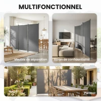 Outsunny Paravent de Jardin Brise-Vue Extérieur 3 Volets Occultant Pieds en Métal Stable 260x180cm Gris Foncé(m-8)