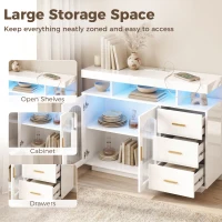 HOMCOM High Gloss Sideboard with LED Lights, Built-in Power Outlets, 3 Drawers, Shelves and 2 Acrylic Doors, White(m-4)