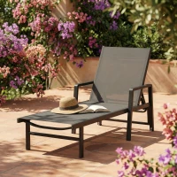 Outsunny Chaise Longue Jardin en Textilène et Aluminium, Réglable à 4 Positions avec Roues et Accoudoirs, 65x189x80cm, Gris Foncé(m-8)