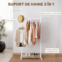 HOMCOM Stand Cuier de Podea cu Roți, 5 Cârlige și Raft Inferior pentru Încălțăminte, Alb(m-4)