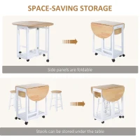 HOMCOM 3 Pieces Dining Room Set, Mobile Foldable Dining Table and 2 Stools with Storage Shelf, 2 Drawers and 6 Wheels, Drop Leaf Bar Table and Stools for Home Kitchen Pub, White(m-6)