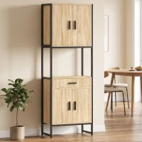 HOMCOM Armário Alto de Cozinha Armário de Cozinha 4 Portas com Fecho Suave Gaveta Bancada 60x30x170 cm Madeira Natural(m-2)