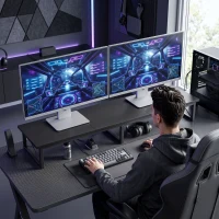 HOMCOM Suport Monitor Birou, Ridică din Lemn cu 2 Compartimente pentru Depozitare, Negru(m-8)