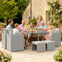 Outsunny 9 Piece Rattan Cube Garden Furniture Dining Set with Armchairs, Footstools and Glass-Top Table, Light Grey(m-10)