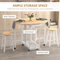 HOMCOM 3 Pieces Dining Room Set, Mobile Foldable Dining Table and 2 Stools with Storage Shelf, 2 Drawers and 6 Wheels, Drop Leaf Bar Table and Stools for Home Kitchen Pub, White(m-5)