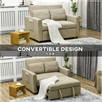 HOMCOM Loveseat Sofa Bed, Convertible Bed Settee with 2 Cushions, Side Pockets for Living Room, Light Brown(m-4)