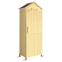 Outsunny Armoire de Jardin en Bois Toit Acier Galvanisé Texture Gaufrée Étagères Réglables 85x58x213cm Bois Naturel(m-1)