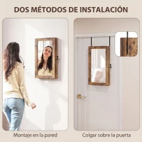 HOMCOM Espejo Joyero de Pared con Cerradura y Varios Compartimentos Montar en Pared o Puerta Marrón Rústico y Forro Negro(m-6)