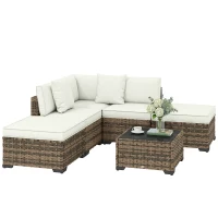 Outsunny Salon de jardin extérieur d'angle 5 places en résine tressée, canapés, repose-pieds, table basse et coussins, crème(m-12)