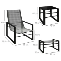 Outsunny Salon de jardin 5 pièces 2 places avec 2 fauteuils, 2 repose-pied et 1 table, métal noir, assise tissu mesh gris(m-3)
