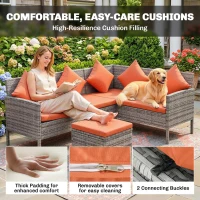 Outsunny 6-Seater Rattan Dining Set Sofa Table Footstool Outdoor w/ Cushion Garden Furniture, Orange(m-5)
