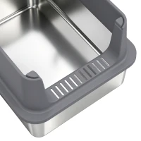 PawHut Conjunto de 2 Caixas de Areia XL em Aço Inoxidável com Bordo Alto e 2 Pás para Gatos Grandes e Vários Gatos Cinza Escuro(m-11)