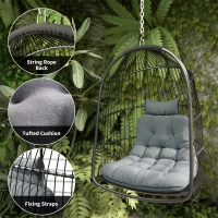 Outsunny Hanging Egg Chair, Foldable Rattan Garden Swing Chair with Installation Kit, Thickened Cushion and Headrest, Indoor Outdoor Hanging Egg Basket Seat for Patio, Porch, Dark Grey(m-7)