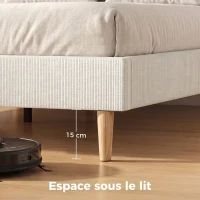HOMCOM Cadre de Lit 140 x 190 cm avec Sommier, Lit Double Rembourré en Velours Côtelé, Espace de Rangement Au-Dessous, Crème(m-7)