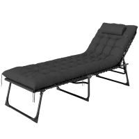 Outsunny Șezlong pliabil cu pernă, tetieră și buzunar lateral, 58x189x32,5 cm, negru(m-12)