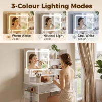 HOMCOM Dressing Table with 3-Colour LED Mirror, Power Outlet, Vanity Desk with 4 Drawers, 5 Shelves, Hair Dryer Holder(m-4)