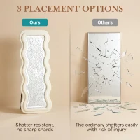 HOMCOM Full Length Mirror, 160 x 60 cm Wavy Full Body Wall Standing Mirror with Velvet Frame and LED Light Strip, Cream White(m-7)