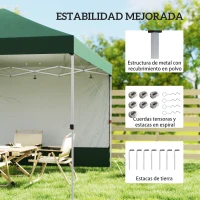 Outsunny Carpa Plegable Pop-up 3x3 m con Pared Lateral UPF50+ Altura Ajustable Empuje Central Bolsa de Transporte Verde(m-7)