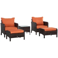 Outsunny 5 Pieces PE Rattan Garden Furniture Set - With 10cm Thick Padded Cushions, Wicker Weave Outdoor Seating Chairs Including 2 Armchairs, 2 Stools, and Glass Top Table, Brown(m-12)