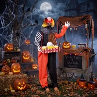 HOMCOM Animowany klaun z popcornem na Halloween z wyskakującą głową, strasznymi dźwiękami, muzyką jarmarczną i świecącymi oczami(m-9)