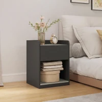 HOMCOM Modern Bedside Table, Slim Nightstand with Drawer, Shelf and Cable Holes, Black and Grey Wood Effect(m-8)