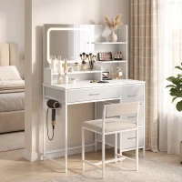HOMCOM Dressing Table with 3-Colour LED Mirror, Power Outlet, Vanity Desk with 4 Drawers, 5 Shelves, Hair Dryer Holder(m-14)