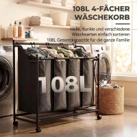 HOMCOM Wasverzamelaar met handgrepen, 108 L rolbare wasmand met 4 vakken en wielen, zwart(m-4)