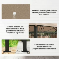 Outsunny Cenador para Jardín 3x4 m Pabellón de Jardín Gazebo con Doble Techo 6 Paredes Laterales Estructura Metálica Caqui(m-6)
