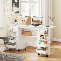 HOMCOM Klappbarer Nähtisch mit 2 Magnettüren, rollbarer Basteltisch mit 4 Boxen, 20 Haltestiften, Ablagefach, Weiß(m-8)