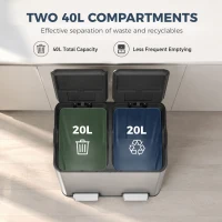 HOMCOM 2 x 20L Double Kitchen Bin, Stainless Steel Pedal Rubbish Bin with Dual Compartments, Soft Close Lids, Silver Tone(m-4)