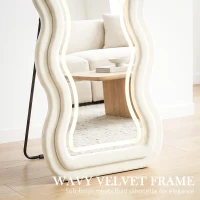 HOMCOM Full Length Mirror, 160 x 60 cm Wavy Full Body Wall Standing Mirror with Velvet Frame and LED Light Strip, Cream White(m-4)