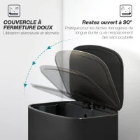 HOMCOM Poubelle cuisine 50L, poubelle à pédale, seau intérieur amovible, couvercle à fermeture douce, 45,1x36,5x62,6cm, noir(m-5)