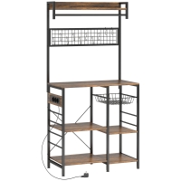HOMCOM Dulap cu rafturi pentru bucătărie, priză, LED, bară, grilaj metalic, 5 rafturi, cârlige, 80 x 42 x 162cm, maro
