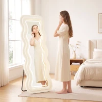 HOMCOM Full Length Mirror, 160 x 60 cm Wavy Full Body Wall Standing Mirror with Velvet Frame and LED Light Strip, Cream White(m-8)