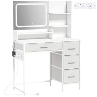 HOMCOM Dressing Table with 3-Colour LED Mirror, Power Outlet, Vanity Desk with 4 Drawers, 5 Shelves, Hair Dryer Holder(m-1)