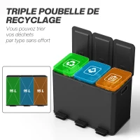 HOMCOM Poubelle de cuisine 45L avec 3 compartiments de 15L, couvercle, seaux intérieurs amovibles, 3 x 15L, noir(m-4)