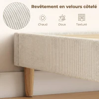 HOMCOM Cadre de Lit 140 x 190 cm avec Sommier, Lit Double Rembourré en Velours Côtelé, Espace de Rangement Au-Dessous, Crème(m-4)