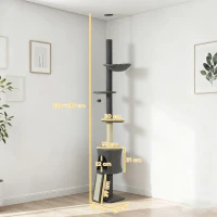 PawHut Arbore pentru Pisici la Tavan Înalt 220-240 cm cu Hamac, Căsuță, Platforme în Formă de Floare și Stâlpi din Sisal, Gri(m-3)