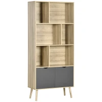 HOMCOM Modern Bookcase with Bottom Cabinet and 6 Open Shelves, Freestanding Bookshelf for Study Living Room Home Office, Natural and Dark Grey(m-1)