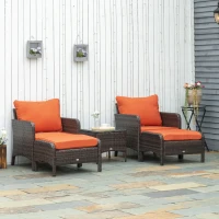Outsunny 5 Pieces PE Rattan Garden Furniture Set - With 10cm Thick Padded Cushions, Wicker Weave Outdoor Seating Chairs Including 2 Armchairs, 2 Stools, and Glass Top Table, Brown(m-13)