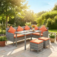 Outsunny 6-Seater Rattan Dining Set Sofa Table Footstool Outdoor w/ Cushion Garden Furniture, Orange(m-10)
