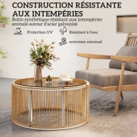 Outsunny Table Basse de Jardin Ronde en Résine Tressée, Plateau en Verre Trempé et Cadre en Acier Galvanisé, 70x70x33cm, Marron(m-5)